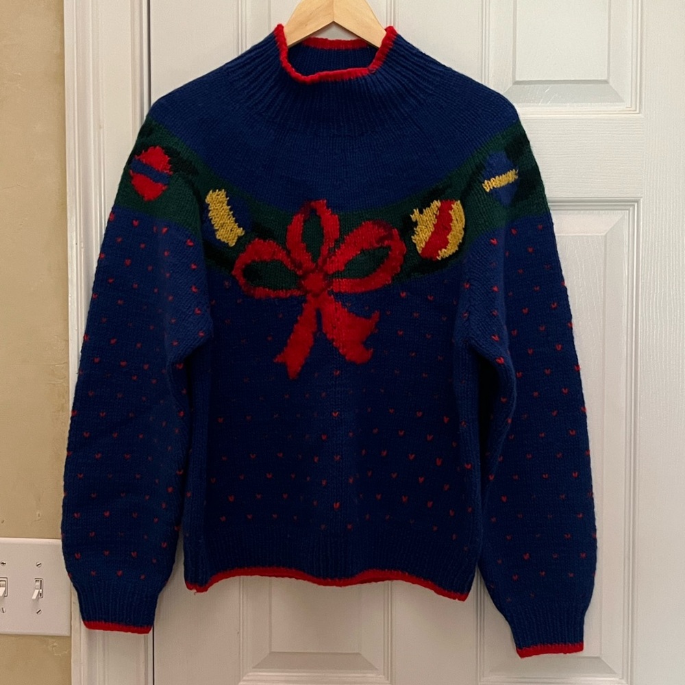 Vintage Brooks Brothers Blue Holiday Sweater with Red and Green Accents